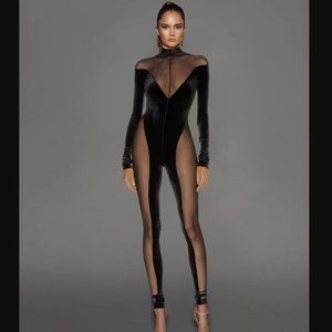 BNWOT Black Sheer Panel Velvet Catsuit